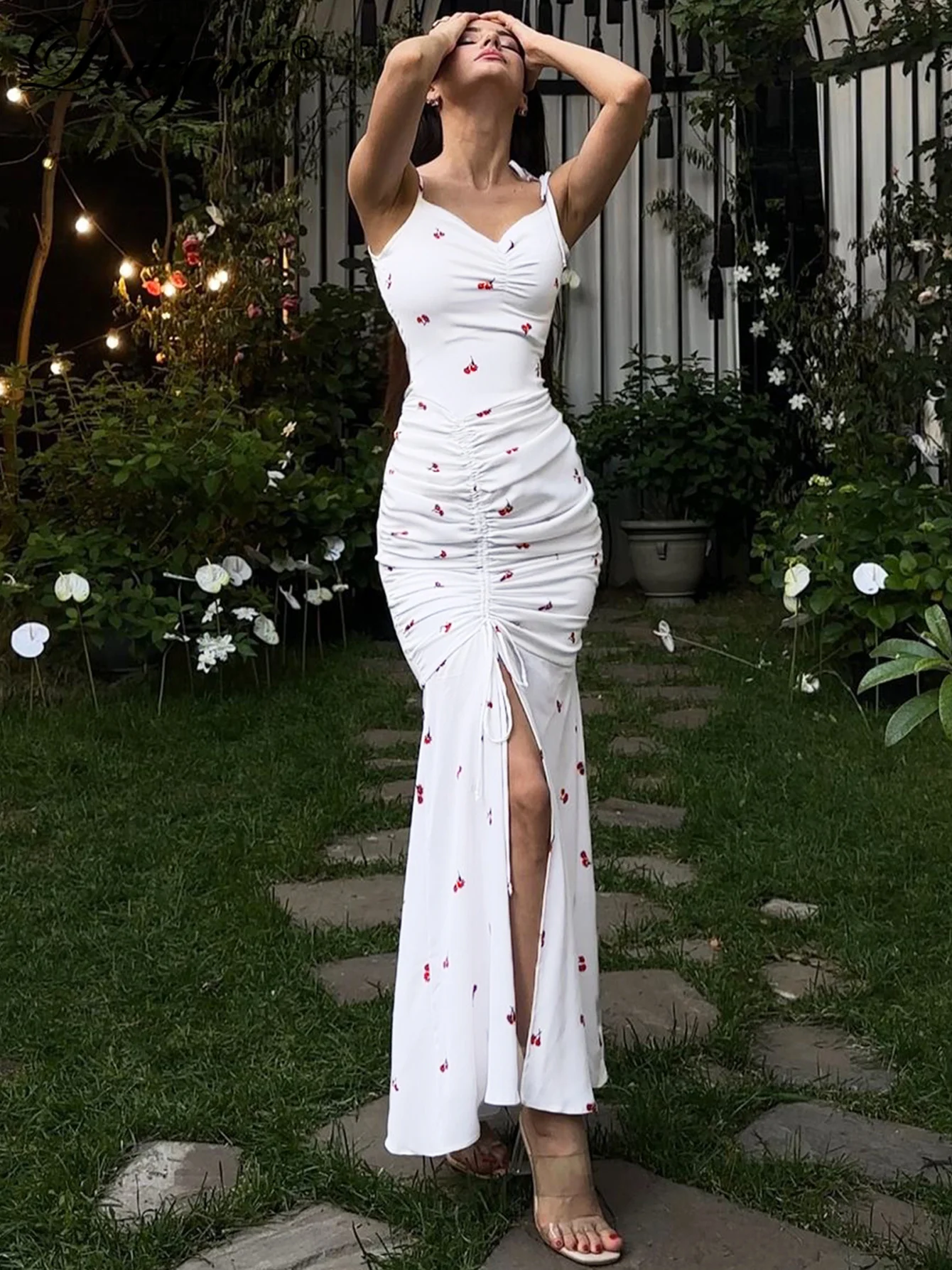 DulzuraแขนกุดBackless Ruched Lace Up Side Slitพิมพ์ดอกไม้Cami Maxiชุดเซ็กซี่Elegant Casualชุดยาวปาร์ตี้Clubwear