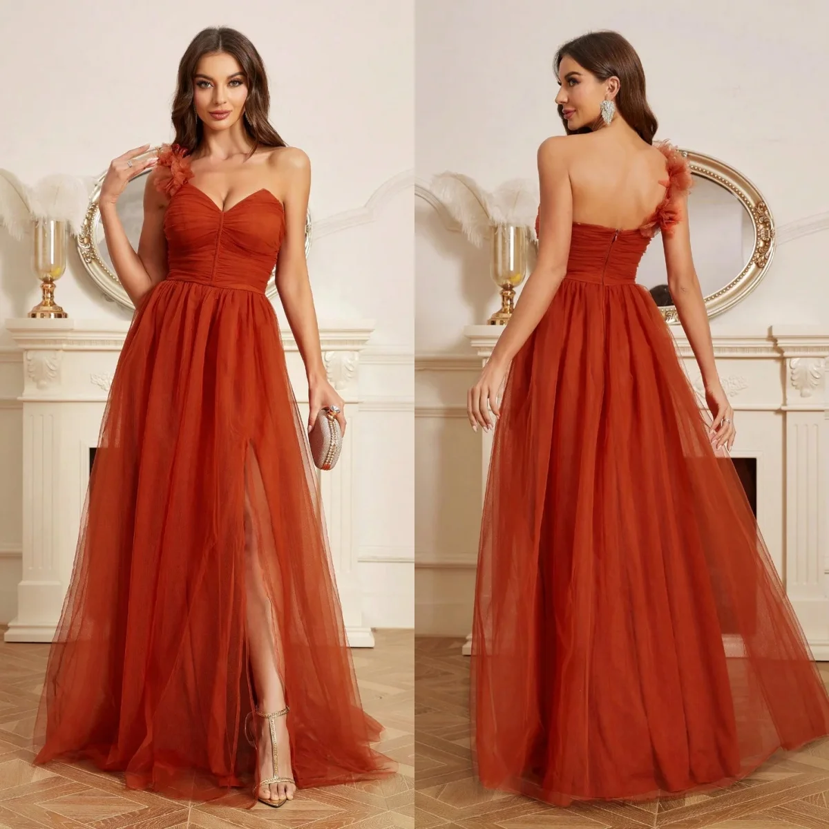 

Vintage Tulle A Line Prom Dresses One Shoulder Sleeveless Evening Gowns Charming Side Split Floor Length Homecoming Dresses