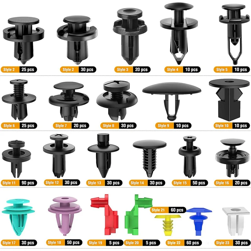 725Pcs Car Push Retainer Clips & Auto Fasteners Assortment - 23 Prevalent Sizes Bumper Mudguard Rivets with Cable