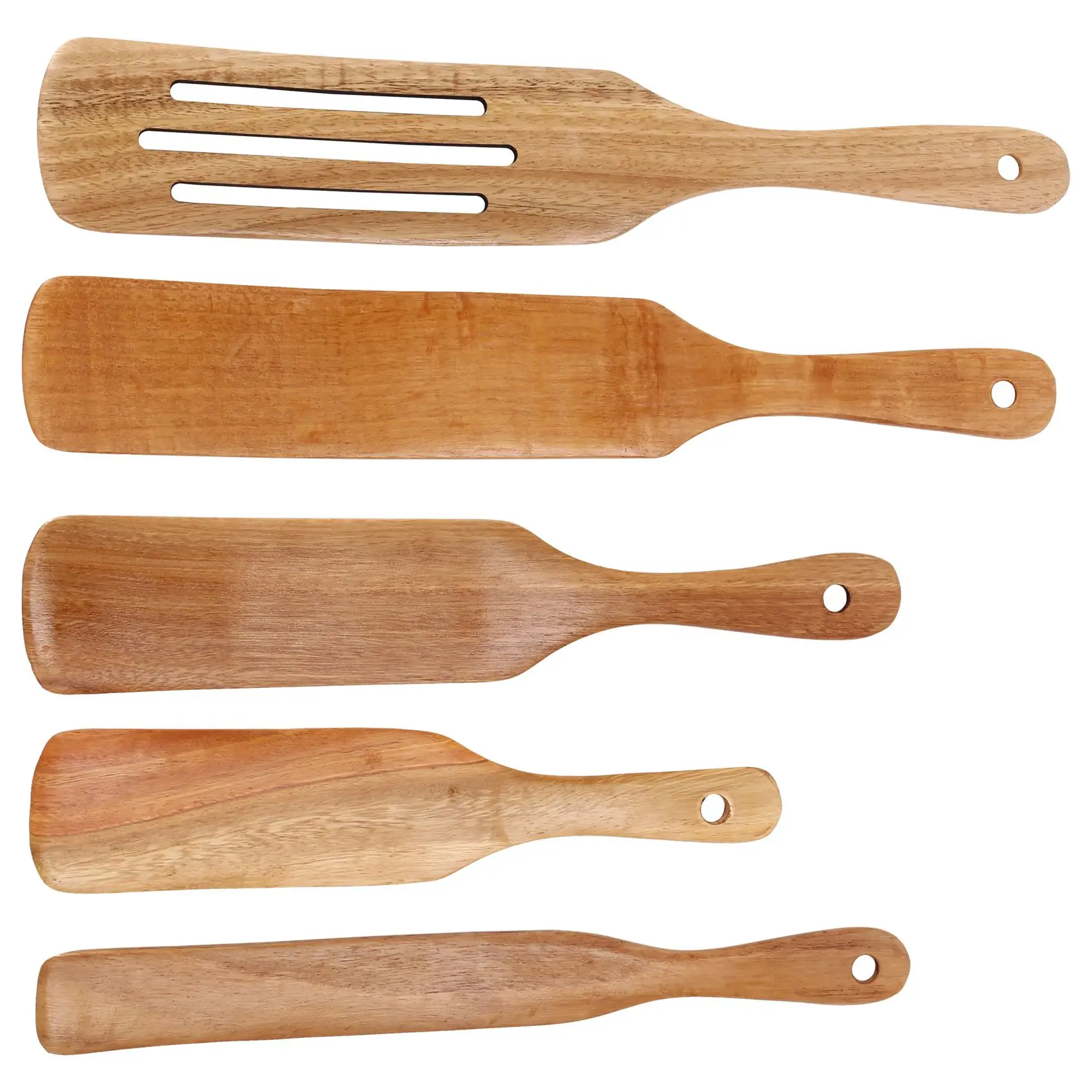 A36T-Wooden Spurtles Set (5Pcs) - Teak Wood Kitchen Tools Set - Heat Resistant Non Stick Wood Cookware For Stirring & Mixing