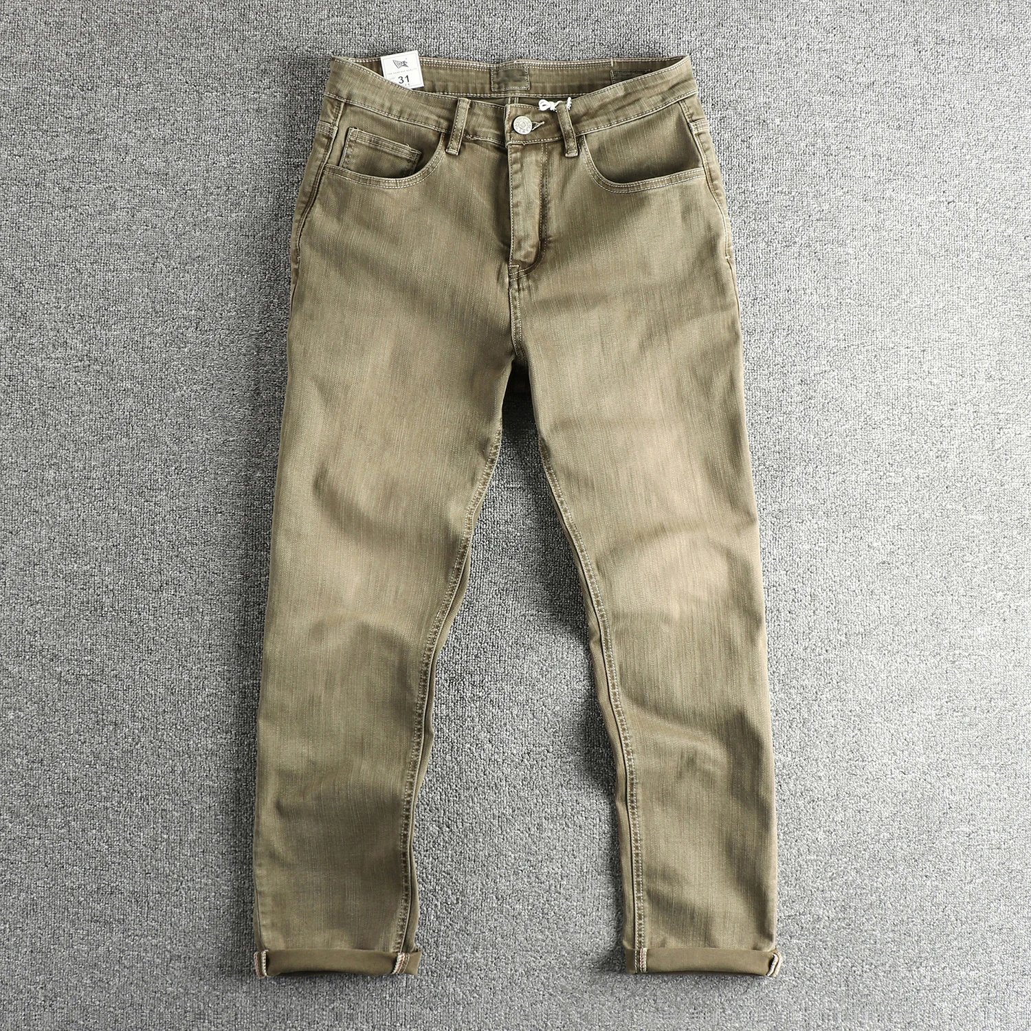 

Men's High-Cotton Stretch Slub Denim Jeans - American Vintage Stone Wash Slim Tapered Regular Straight Pants