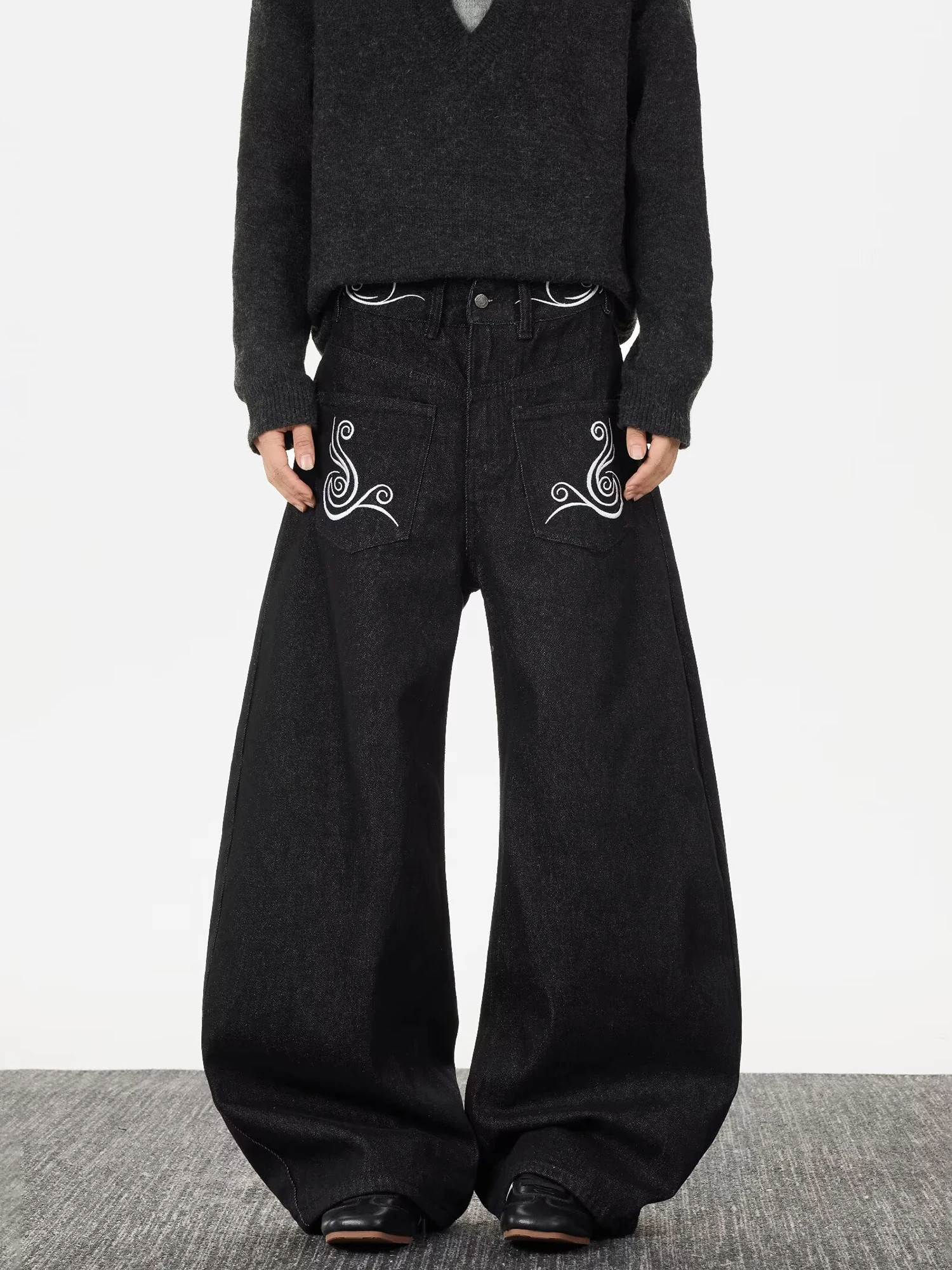 

Ретро волнистый узор с вышивкой, свободные повседневные джинсы, мужские зимние американские джинсовые брюки, молодежные свободные леггинсы