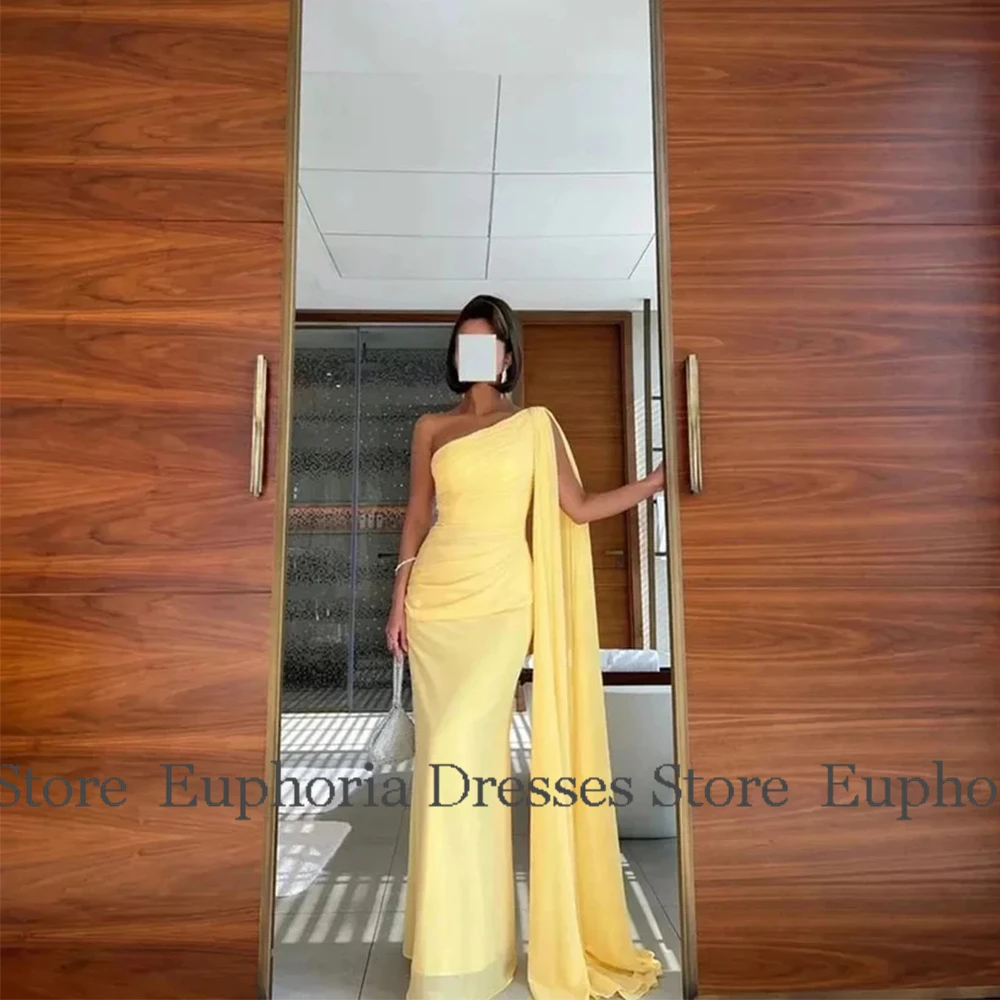Formal Prom Gowns for Ladies Saudi Arabia Jersey Sheath/Column Evening Dress Yellow One-shoulder Cloak Sleeves Pleat Party Gown image 3