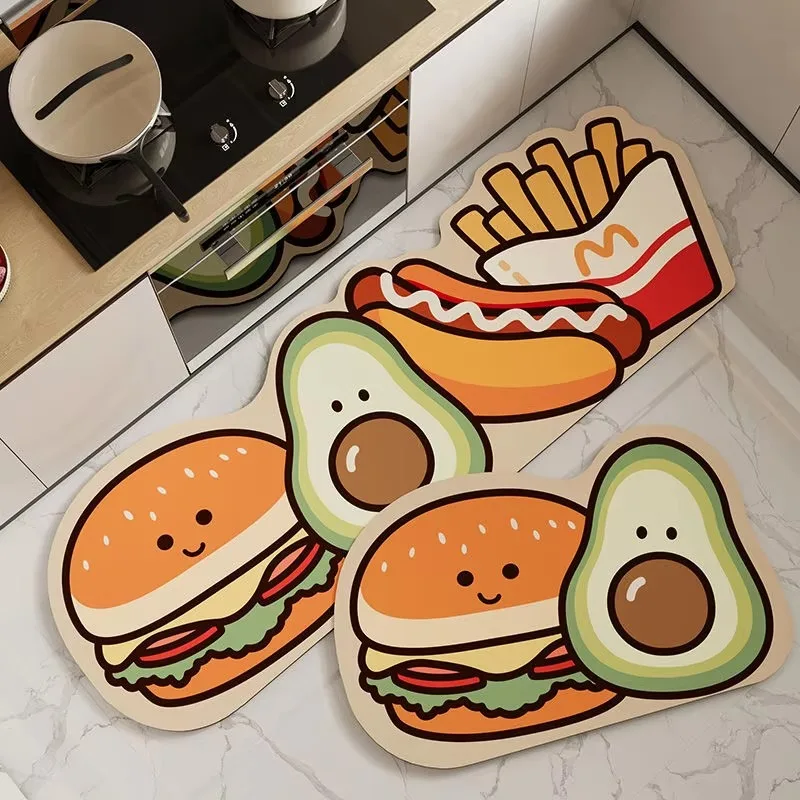 VIKAMA 1/2pcs Food Cartoon Irregular Floor Mat for Kitchen Counter Entryway, Water Absorbent & Anti Slip, Home Decoration