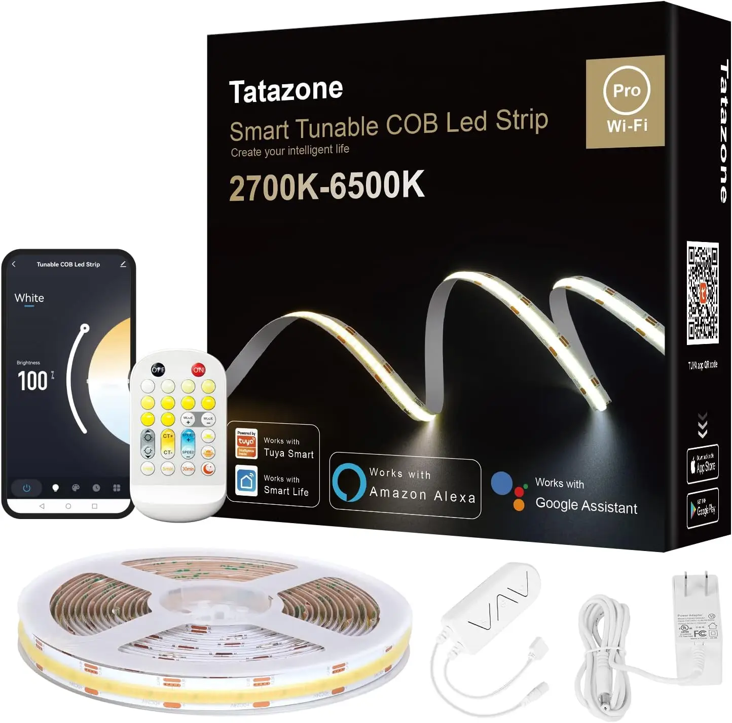 

Smart Tunable White COB LED Strip Light Kit, CCT 2700K-6500K, Compatible with Alexa & Google, Dimmable for Kitchen Cabinet
