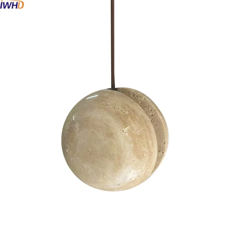 IWHD Round Travertine LED Pendant Lights Fixtures Natural Stone Balcony Bedroom Living Room Hanging Lamp Creative Design Lustre