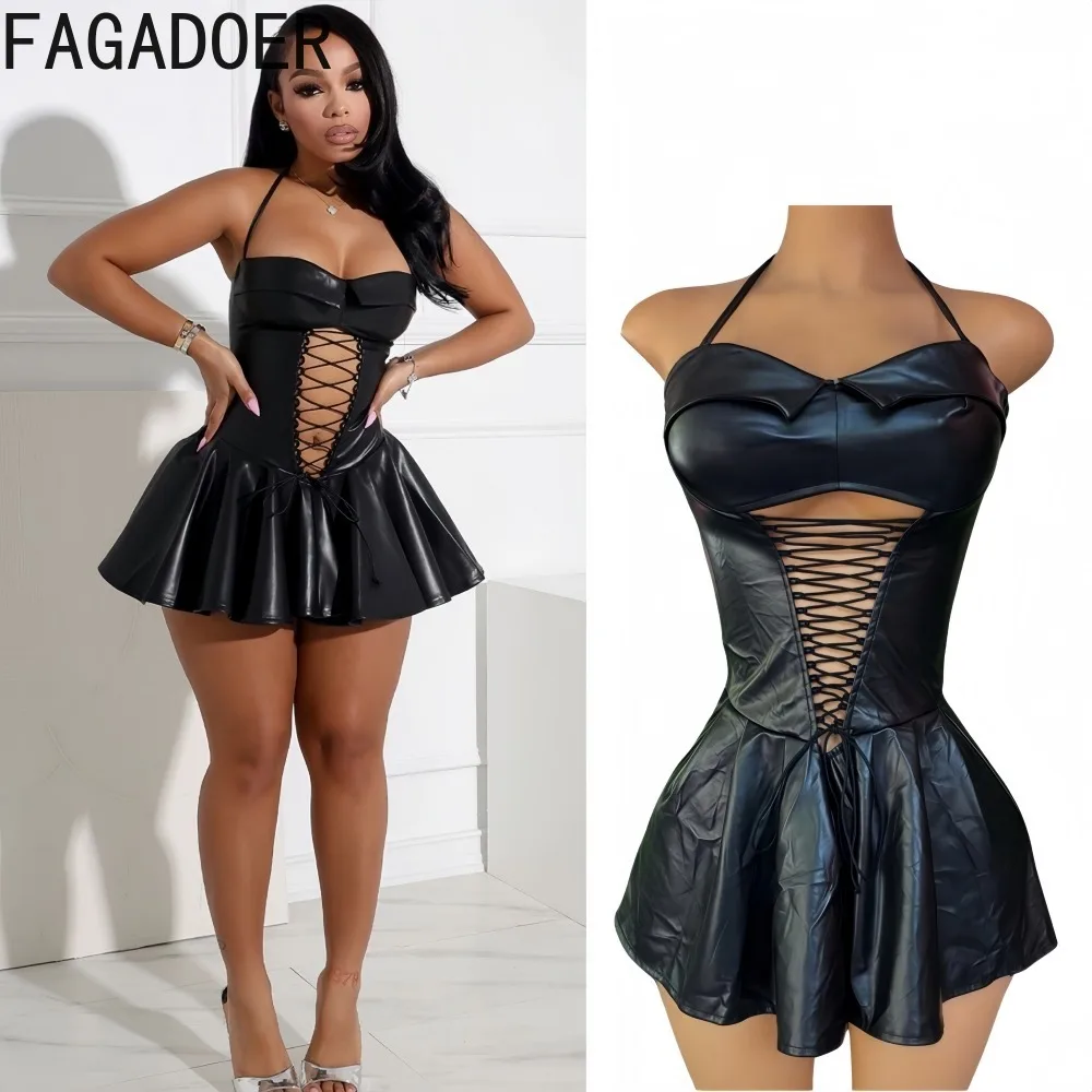 

FAGADOER Punk Sexy Leather Bodycon Mini Dresses Women Spaghetti Strap Bandage Patchwork Dress Female Streetwear Vestidos 2025