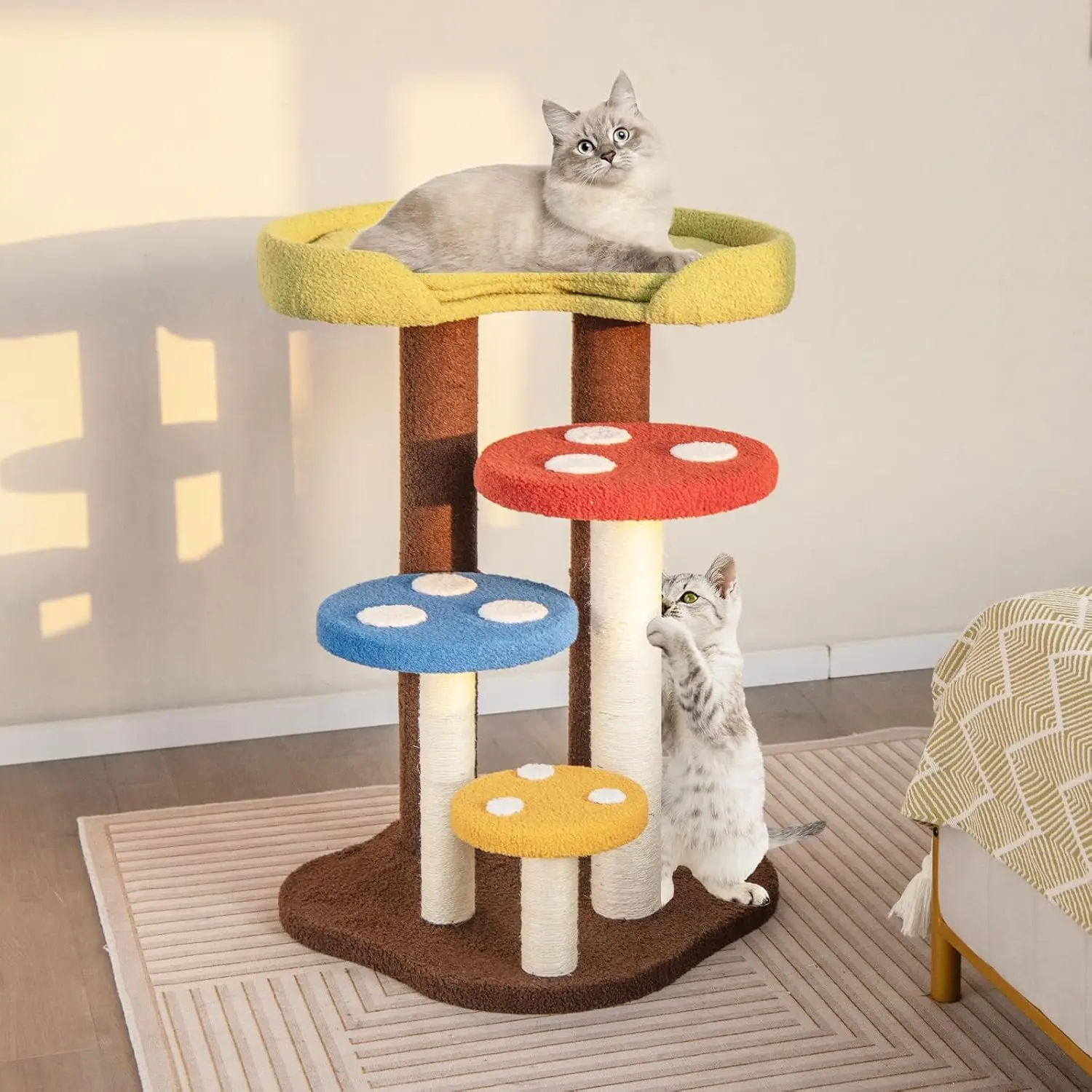 Cute Cat Tree - 37 Inches Mushroom Cat Tower with 3 Full-Wrapped Sisal Scratching Post, Padded Top Perch