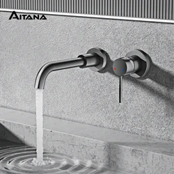 AITANA Simple Brass Black Bathroom Faucet Embedded Design Single Handle Hot and Cold Water Dual Hole Wall Mounted Basin Mixer