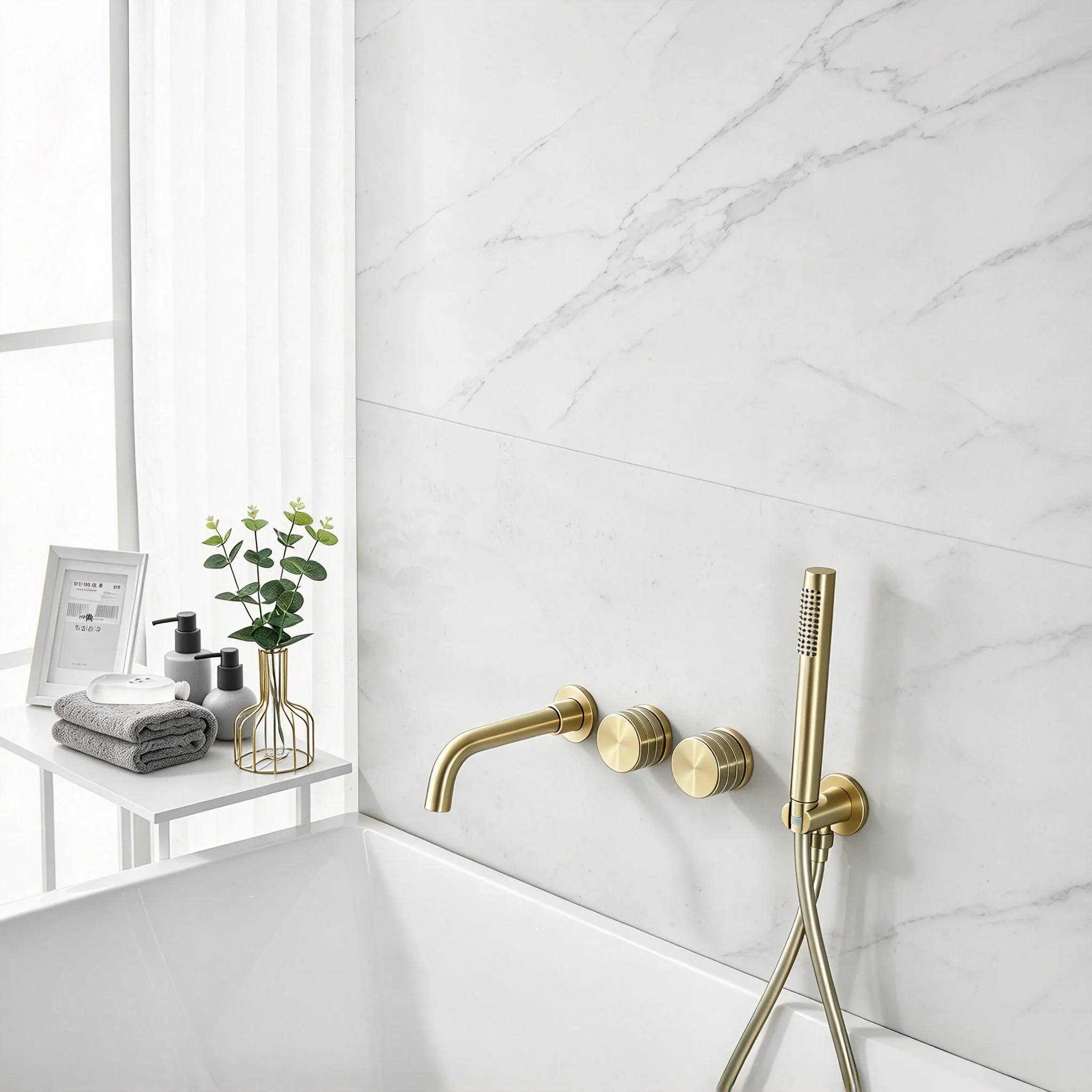 Bathtub Faucet Brass Wall Mounted Bathroom Two-Handle Faucet Brushed Gold Shower Faucet Set Hot and Cold Water Mixer Tap