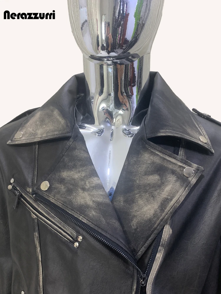 Nerazzurri Autumn Cool Handsome Short Distressed Black Thick Warm Pu Leather Moto & Biker Jacket Men Luxury Designer Clothes