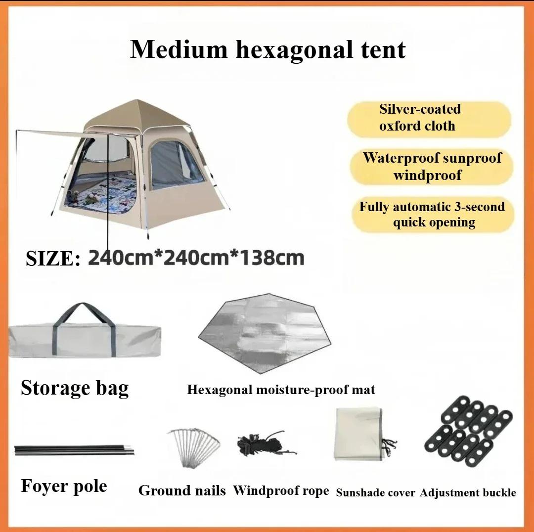 Hexagonal Silver-Glued Tent, Portable Camping Overnight Beach Automatic Breathable Thickened Waterproof Sunshade Quick Open