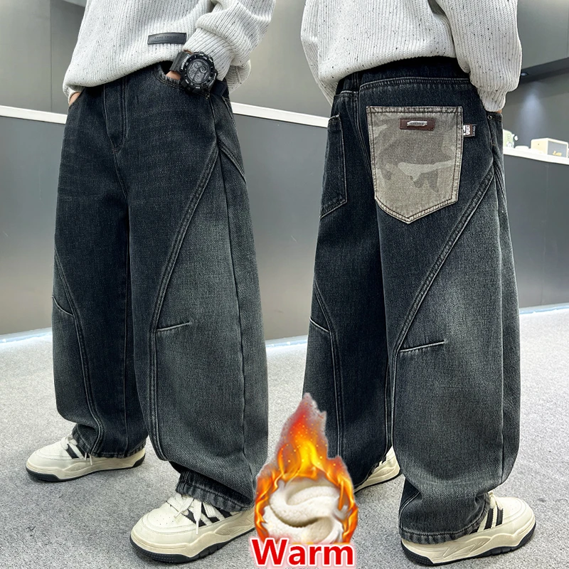 

Kids Retro Winter Insulated Curved Jeans Pants For Boys Casual Thickened Warm Fleece-Lined Denim Trousers For Children Age 5-14Y