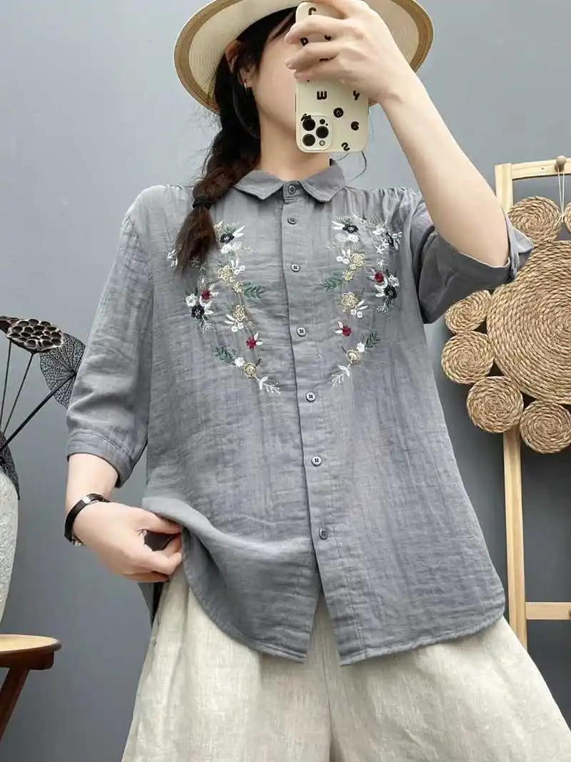 ใหม่2025ฤดูร้อนผ้าฝ้ายเส้นด้ายครึ่งแขนเสื้อผู้หญิงTurn-Downคอเย็บปักถักร้อย, MoriสาวOL Chicนุ่มหลวมเสื้อt54812CC