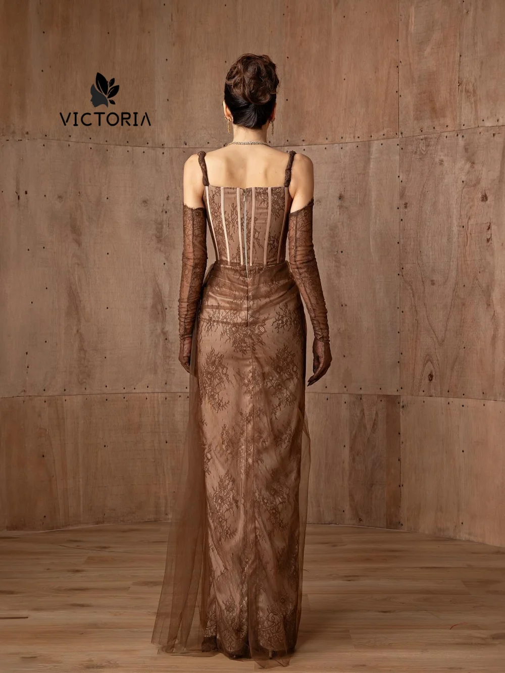 Suknie wieczorowe na ramiączkach spaghetti z brązowej koronki w stylu Dubai z rękawiczkami, syrenie suknie balowe na Nowy Rok, Arabia Saudyjska, model 2026