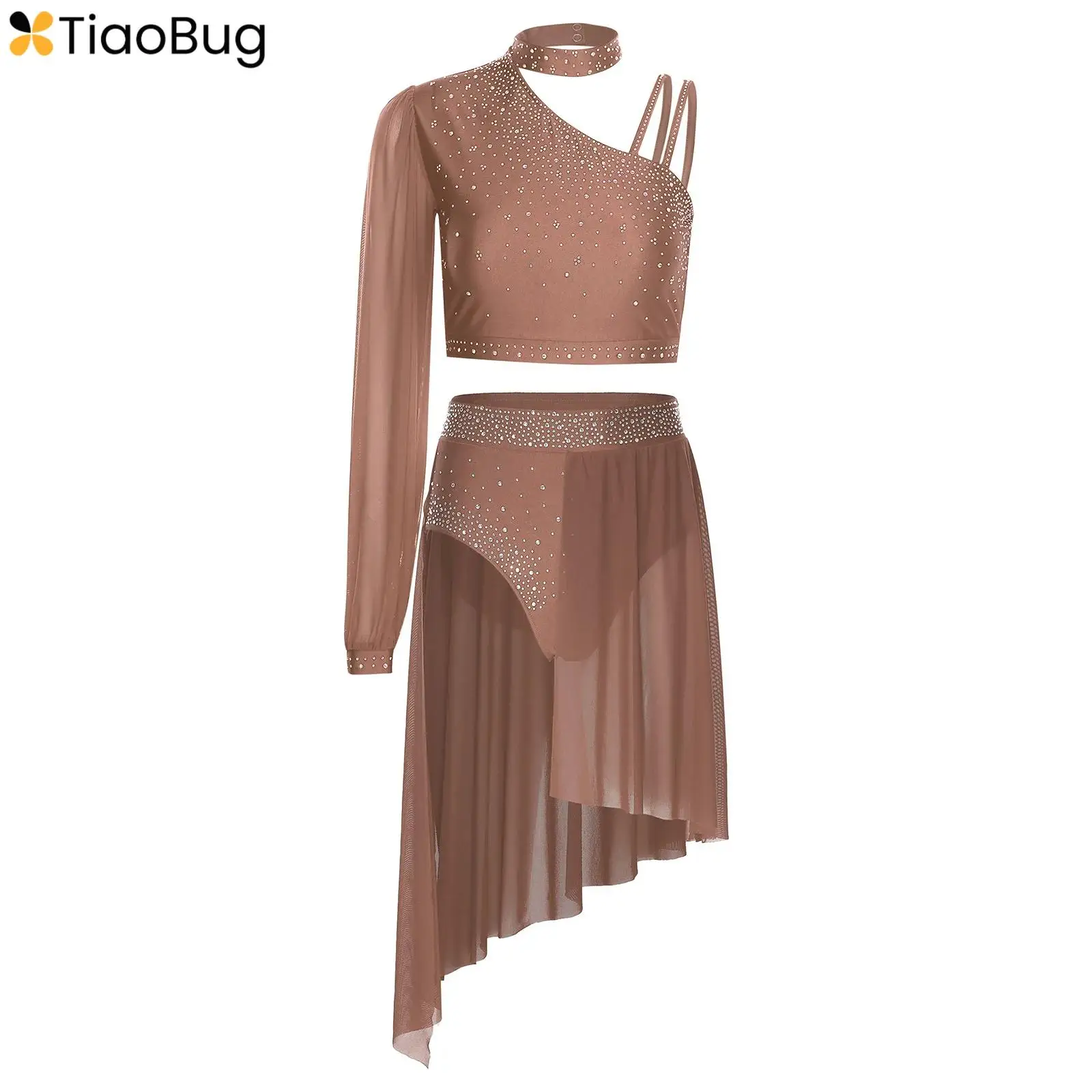 

Womens Figure Skating Lyrical Dance Outfit 2Pcs Asymmetrical Sleeve Crop Top+Briefs Shorts Chiffon Skirt Modern Dance Costume