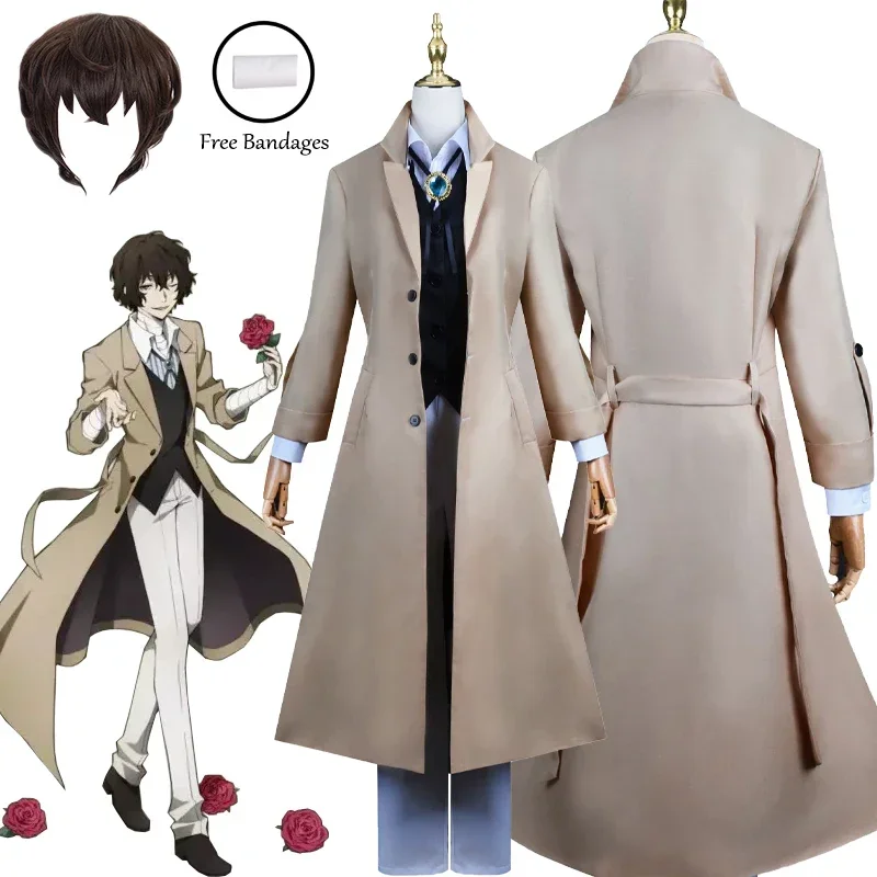 

Dazai Osamu cosplay costume Bungo Stray dogs cosplay long jacket coat Dazai Osamu wig Halloween Christmas costume