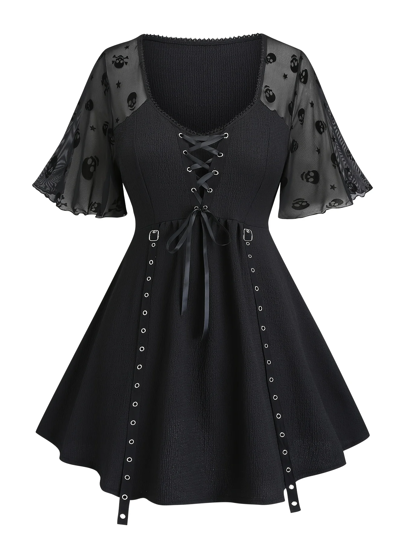 Vestido plisado con correa para el hombro y hebilla con cordón y manga flocada de malla con calavera y estrella de talla grande para mujer