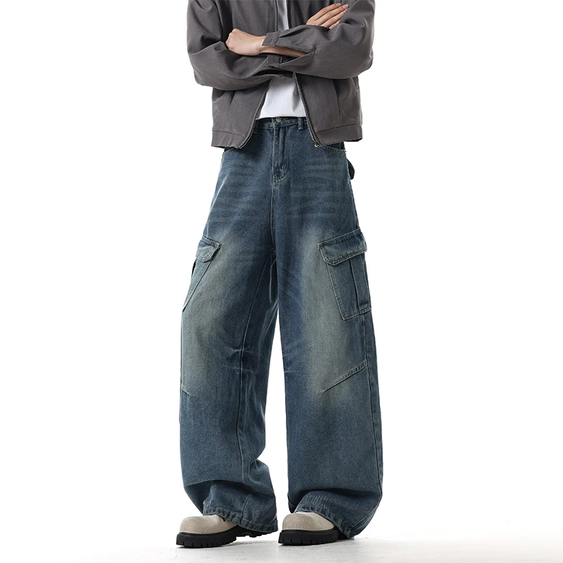 

Джинсы с изогнутым ножом в стиле ретро, осенне-зимние винтажные широкие брюки для рабочей одежды, корейская версия, мужские джинсы High Street
