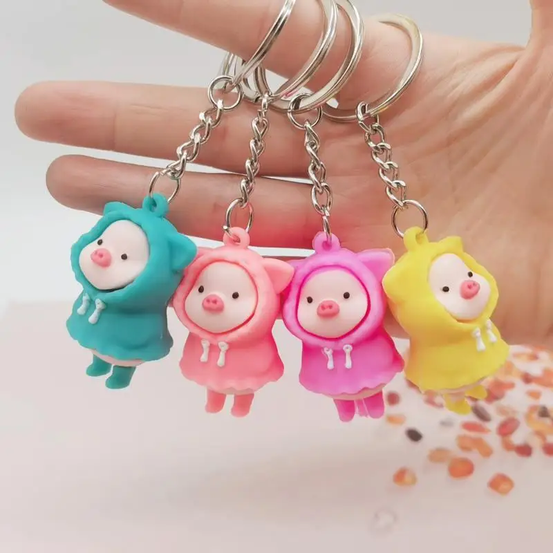 Cartoon Cute Raincoat Piggy Doll Keychain Holding Milk Pig Key Ring School Bag Backpack Car Key Pendant Key Chain Gift