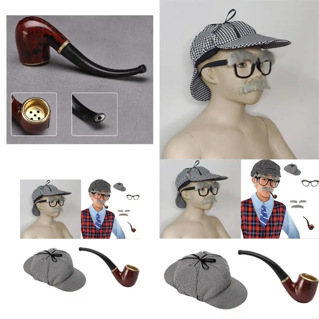 

B95F 2 Pcs Detective Cosplay Props Detective Hat Smoked Pipes Costume Pipe Detective Costume Set for Man