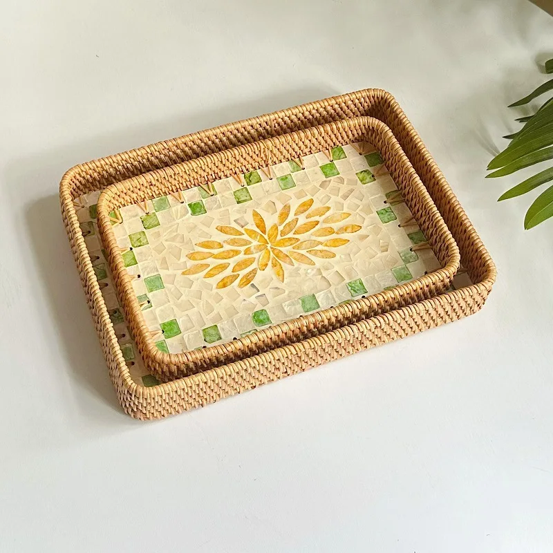 

Vietnamese creative rattan woven colorful shell fruit tray, decorative ornament jewelry storage tray, tea tray storage tray