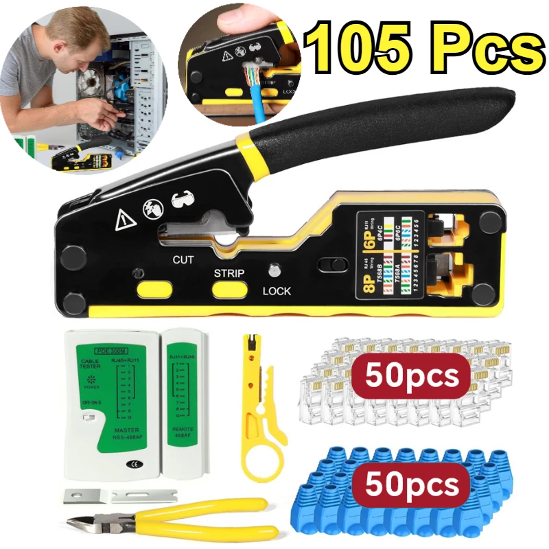 

105 шт., универсальный набор инструментов для обжима RJ45, обжимной инструмент Ethernet для Cat6 Cat5e Cat6a, разъемы для сетевого кабеля, инструмент для зачистки