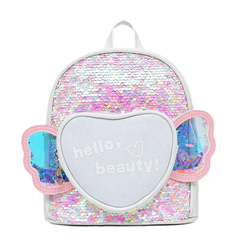 Mochila infantil com lantejoulas de amor infantil, mochila escolar infantil para meninas, mochila casual de viagem princesa