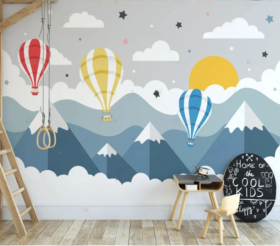 Hand drawn geometric mountain peak cartoon hot air balloon wallpaper decoration for kids' room nursery room 3d wallpaper