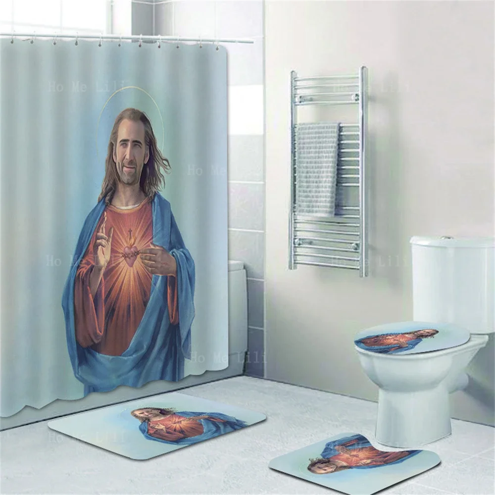 Sacred Heart of Nicolas Cage Saint Cool Jesus Shower Curtain Floor Mat Four-Piece Set