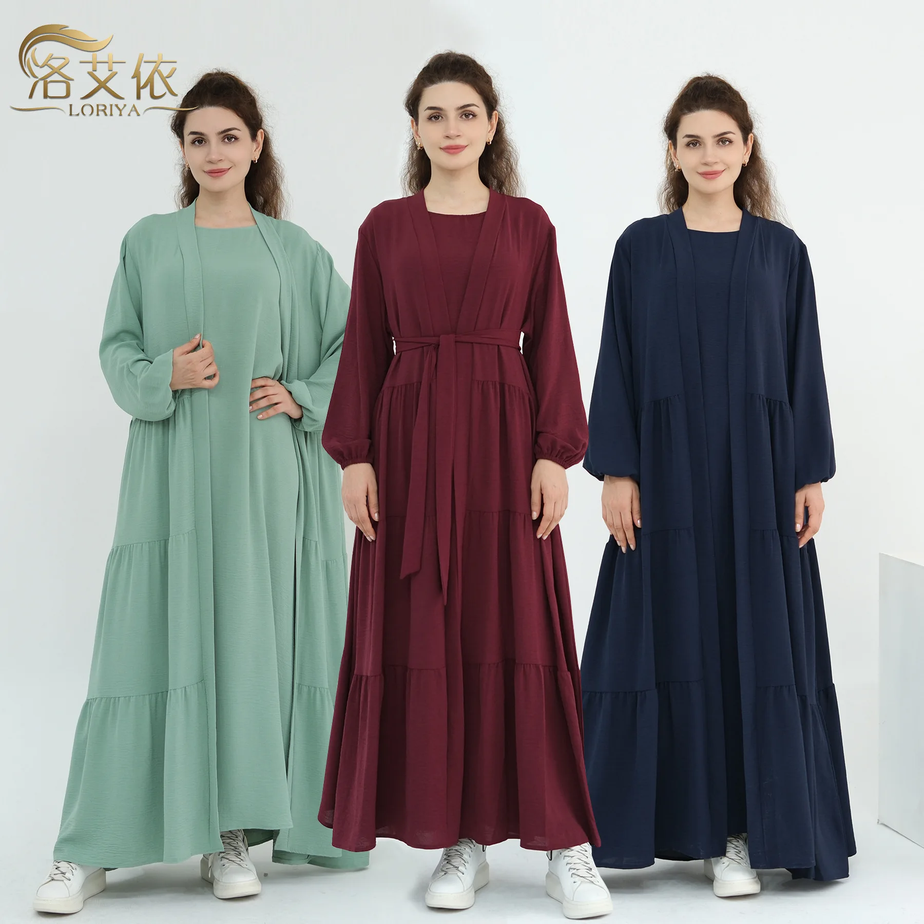 

Muslim Women High Waist Dubai Turkey Solid Color Robe Dress Two-piece Set Loose Open Cardigan Dress Abaya