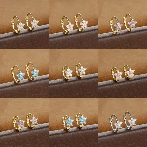 2PCS 스테인레스 스틸 6MM 8MM 다채로운 지르콘 작은 후프 귀걸이 작은 꽃 18K 골드 도금 Huggie 귀걸이 피어싱 쥬얼리 Best5