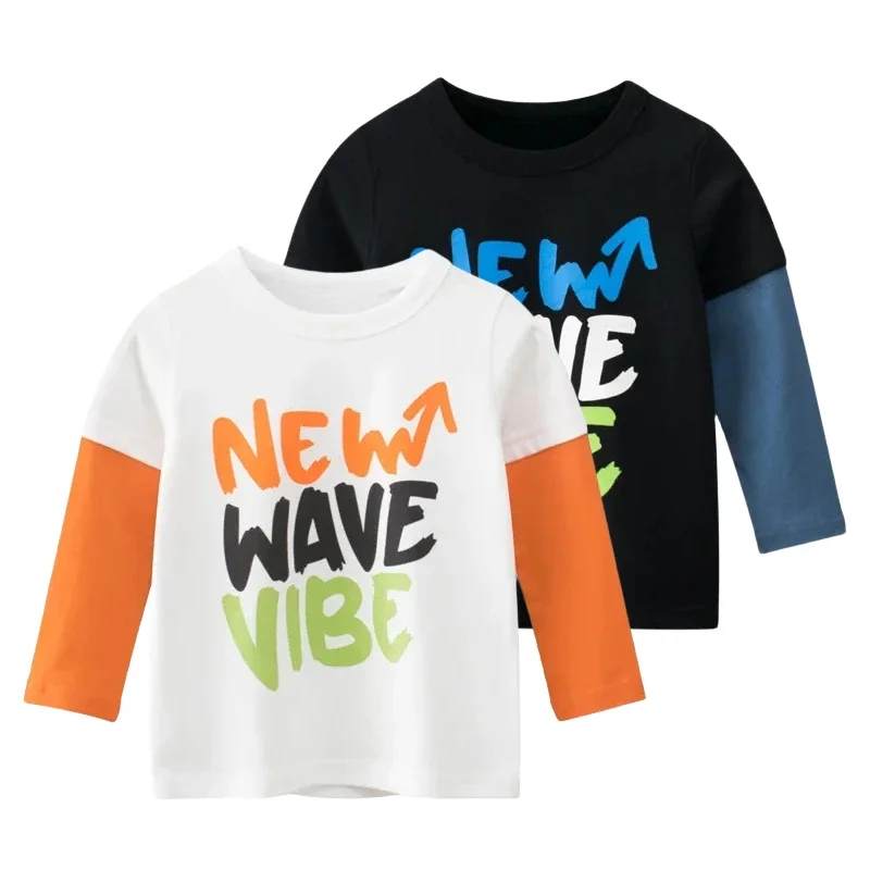 Fake Two Cotton T Shirt Boys 2025 Spring Autumn New Fashion Letter Print Top Kids Active Long Sleeve Tee Shirts Children