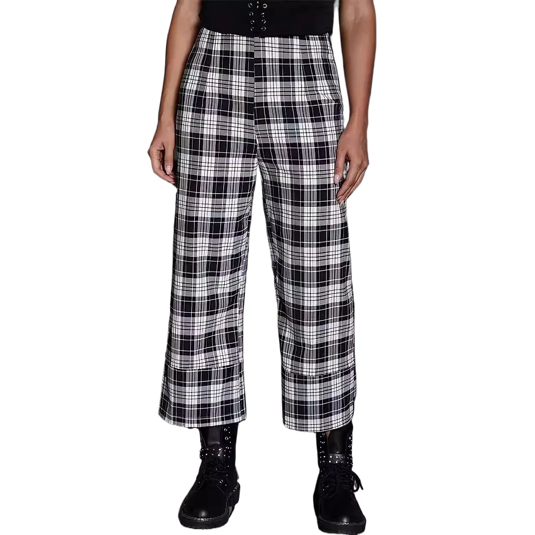 

2024 New European and American High-waisted Plaid Wide-leg Pants Loose Casual Calf-Length Pants