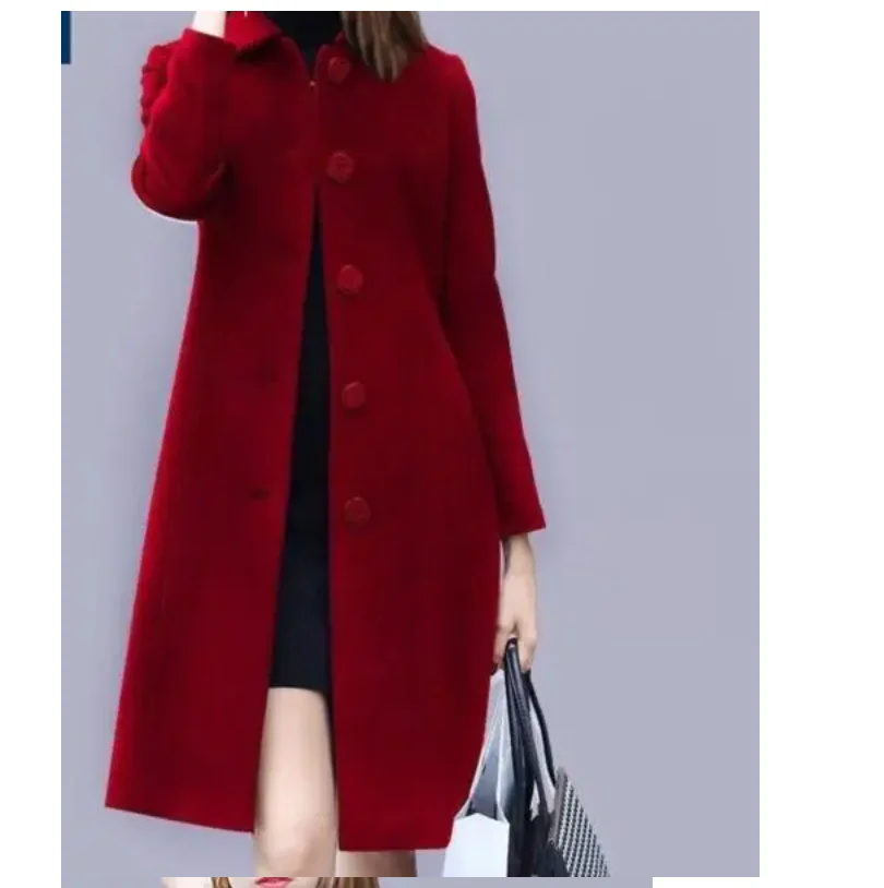 1pcs/lot luxury style New Autumn Winter Mid-Length Single-Breasted Slim Blended Woolen Overcoat Red Blue Black