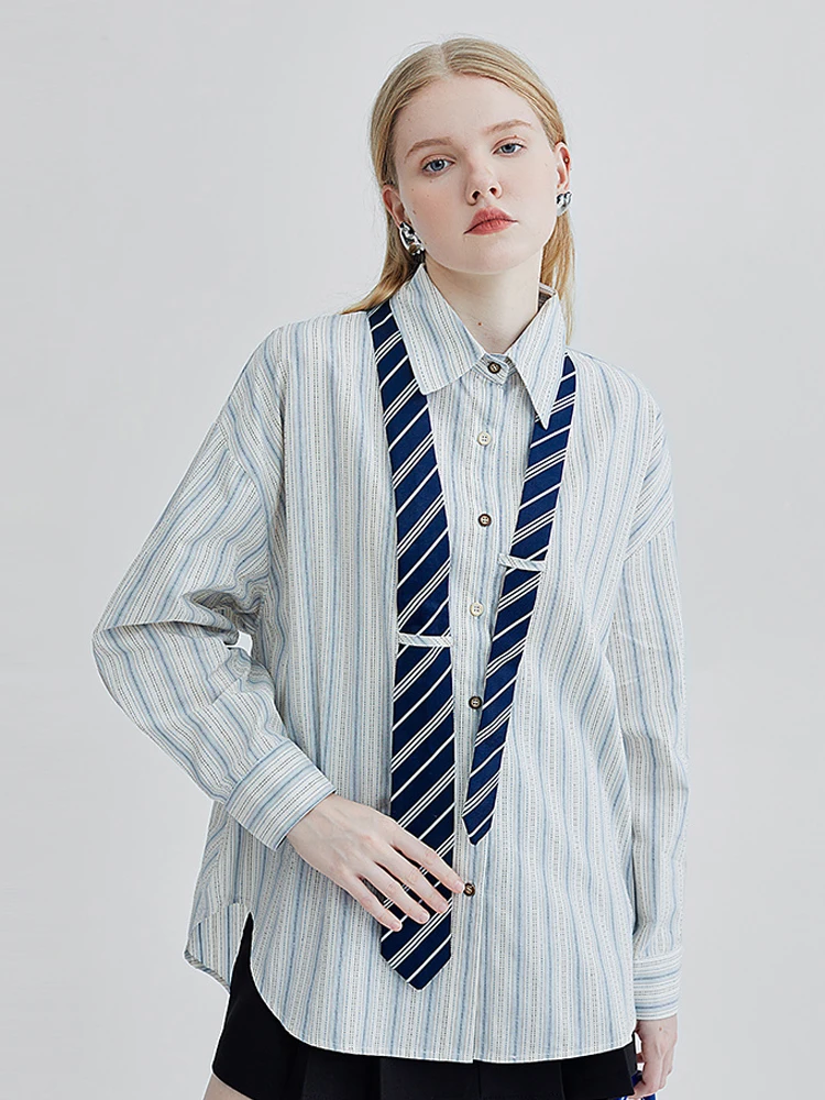 Blue Color Striped Design Tie Decoration Blouses Women Preppy Style Irregular Shirt Retro Sweet Cute Style Over-shirt Y2K Loose