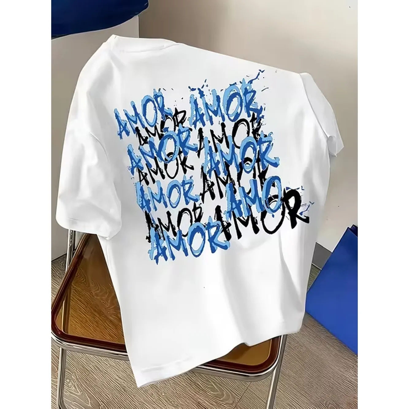 Blue and Black Overlapping Amor Graffiti Print T Shirt New Summer Mens Printed T Shirt Crew Neck Short Sleeve Style Full Sense Versatile Style Enhancing Short Sleeve T Shirt