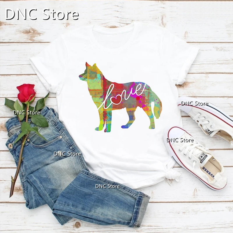 Cute Colorful Watercolor Dog Love Heartbeat T Shirt Collie Poodle Hound Doberman T-Shirt Fashion Women Clothes Female 90‘s Top