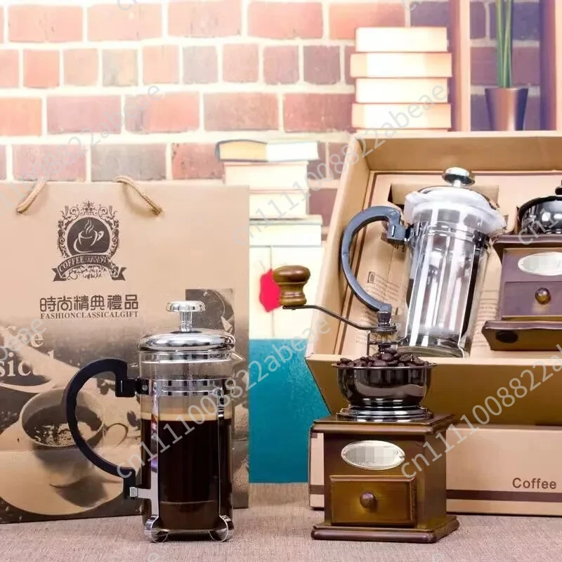 Vintage Hand Crank Coffee Maker Coffee Pot Set,Manual Coffee Grinder,French Press Pot Set,Coffee Appliances Gift Set