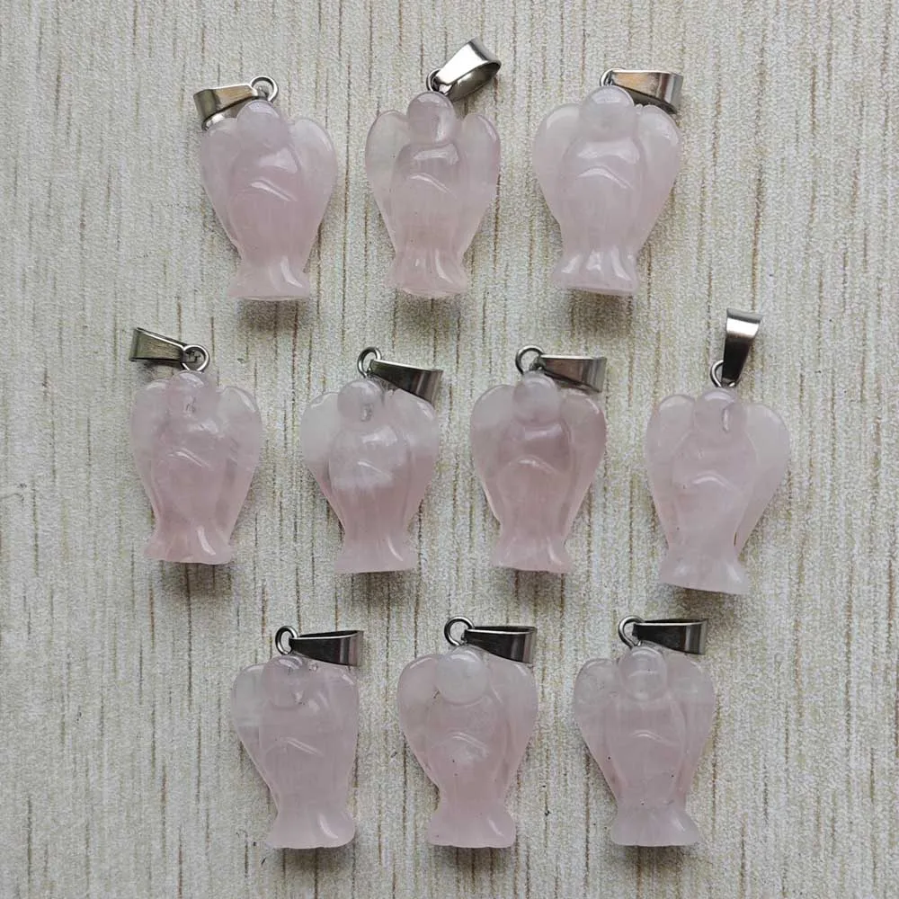 Fashion good quality natural rose quartz stone Carved Angel Pendants charms for jewelry making Wholesale 10pcs/lot Fast shipping