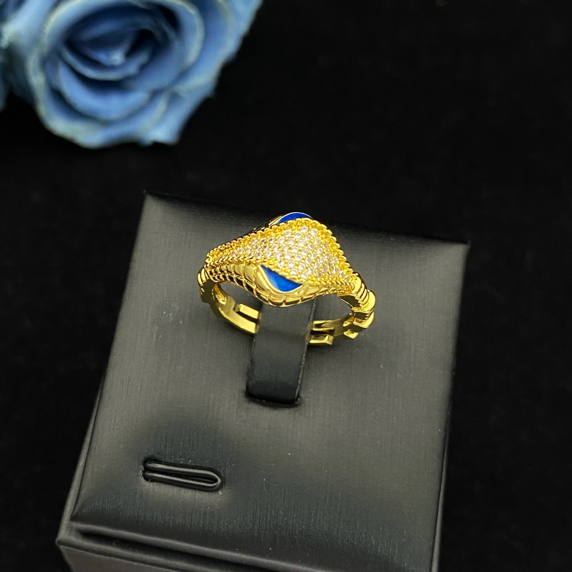 JRH Exquisite Gift 4Pcs Gold Plated Brass Snake Head with Zircon Bracelet Ring Necklace Earrings High Quality Women's Jewelry