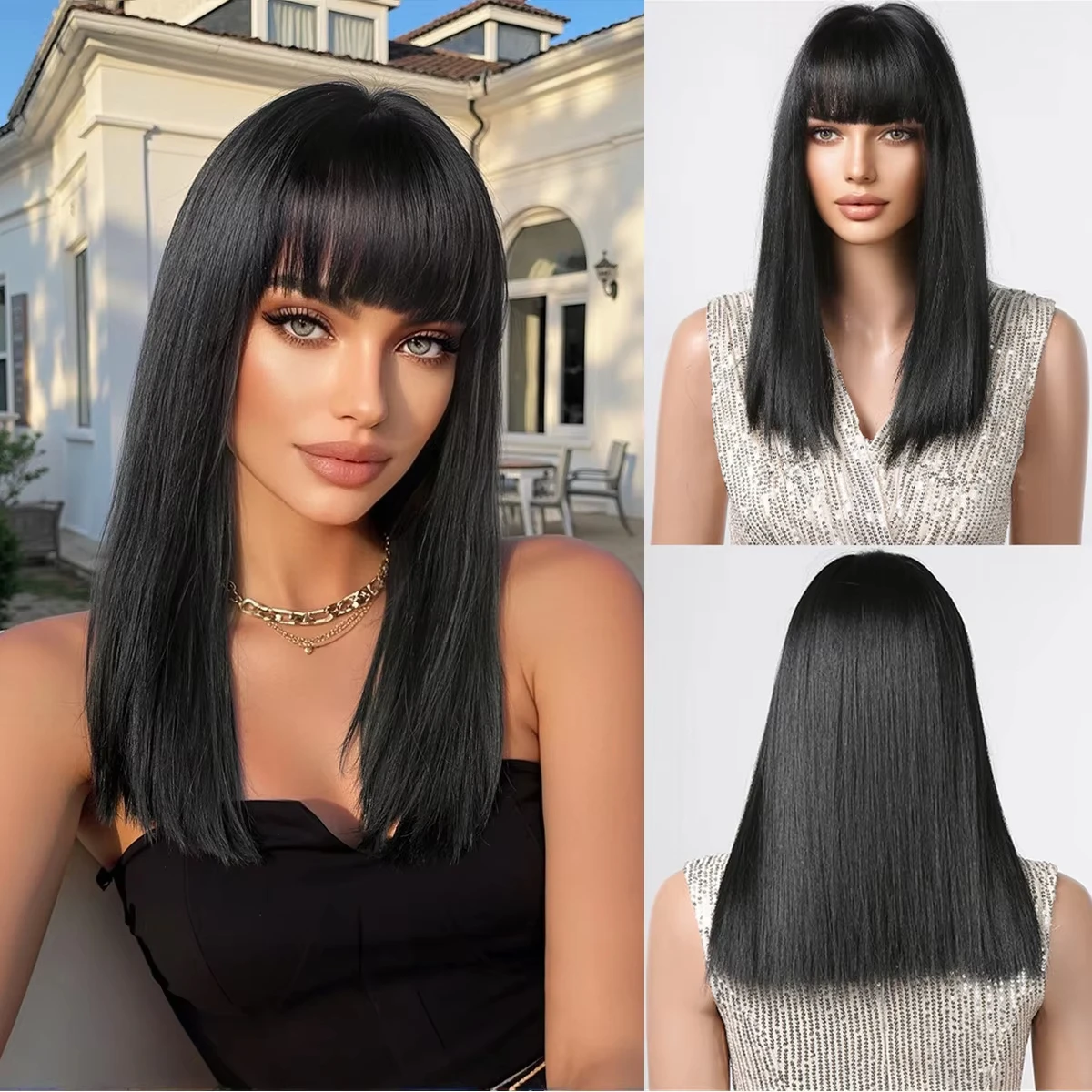 

Короткие черные синтетические парики Натуральный черный прямой парик средней длины с челкой для женщин Ежедневные вечерние термостойкие искусственные волосы