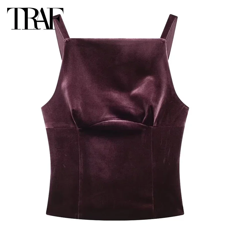 TRAF Tanks & Camis Women 2024 Bow Crop Top Women Sexy Women Velvet Puple Corset Sleeveless Straps Tops Backless Tops Casual Vest