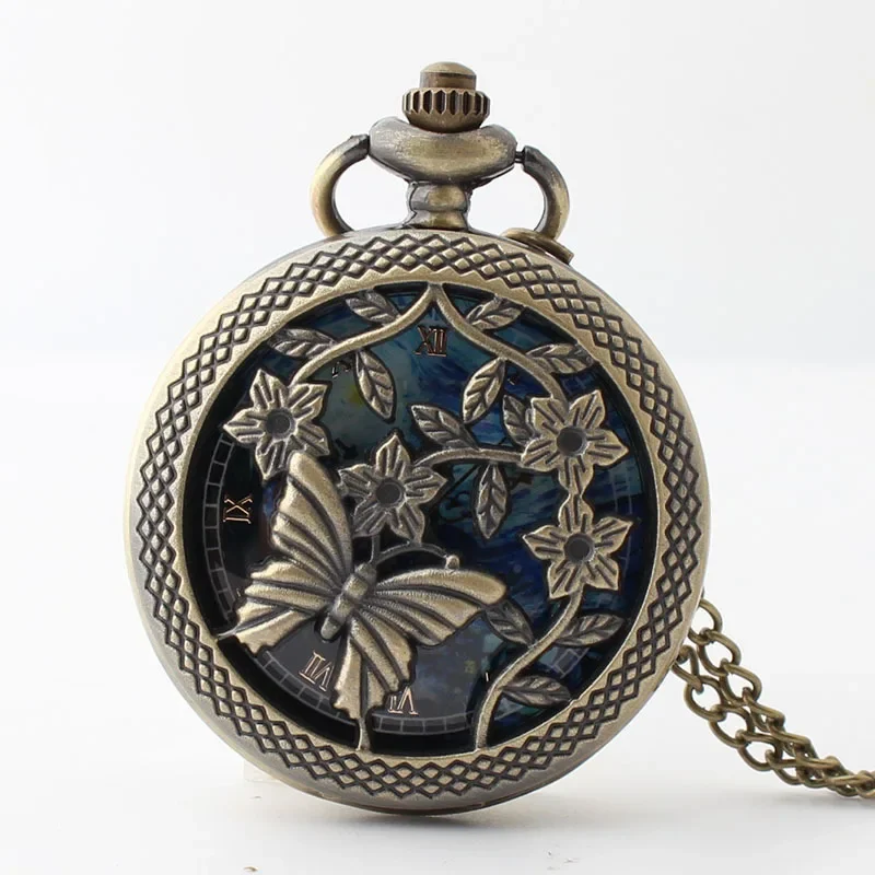 

Starry Night Pattern Butterfly Hollow Pocket Watch Flap Vintage Necklace Sweater Chain Pendant Clock Quartz Pocket Fob Watch