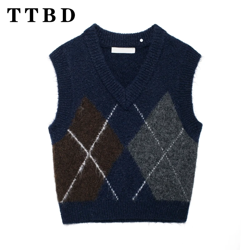 TTBD 2024 New Autumn Women Clothing Casual V-Collar Knit Sweater Gilet Top Woman's Vintage Plaid Sleeveless Jumper Vest