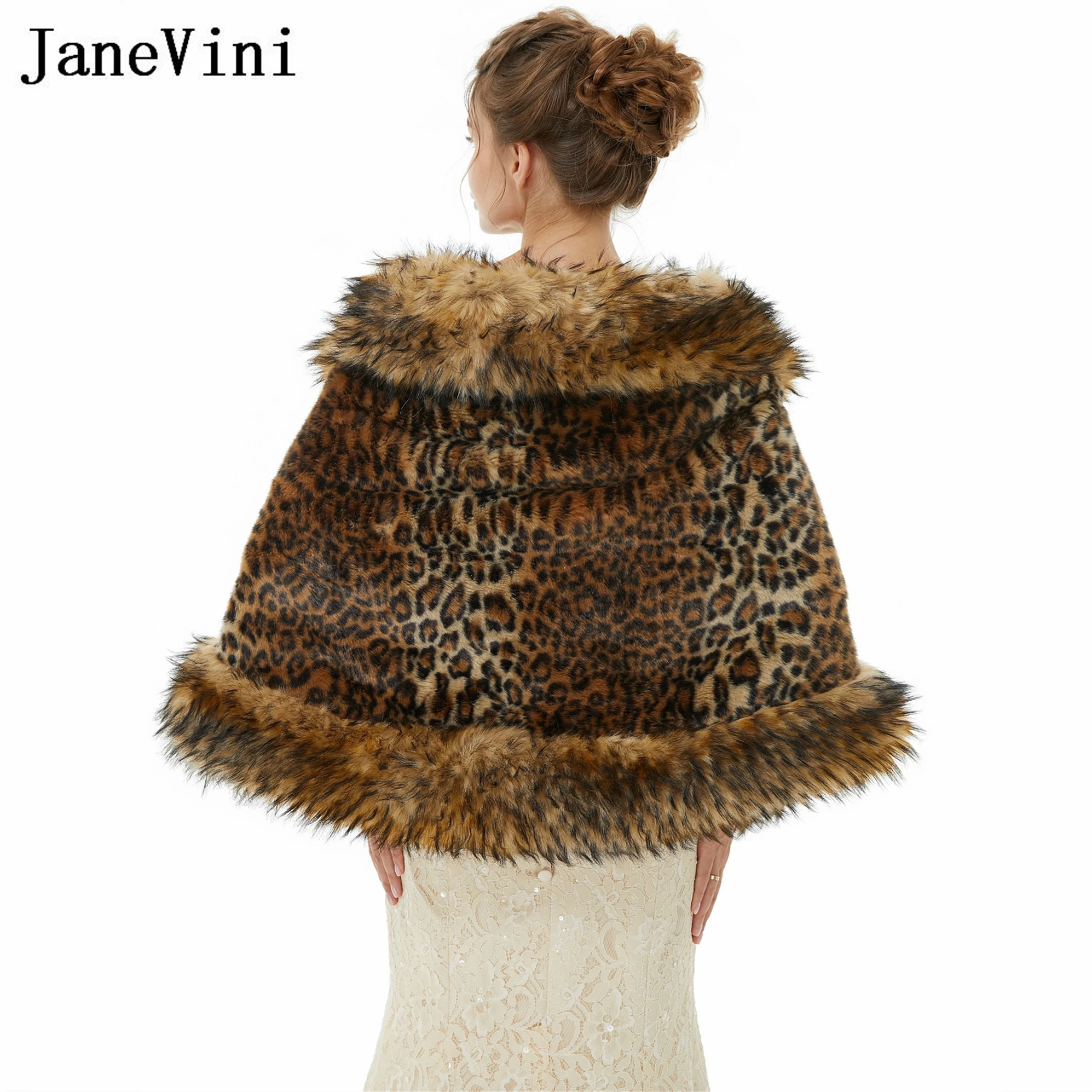 JaneVini Sexy Leopard Printed Fur Shawl for Wedding Cape Bride Faux Fur Bolero Bridal Wraps Stole Evening Party Stoles Jackets