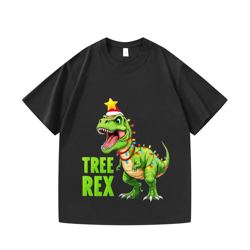 

Men's T-Shirt Black Tree Rex Printed Pattern Christmas Scenarios Funny Dinosaur Xmas Gift Tee Shirts For Men Casual Short Sleeve