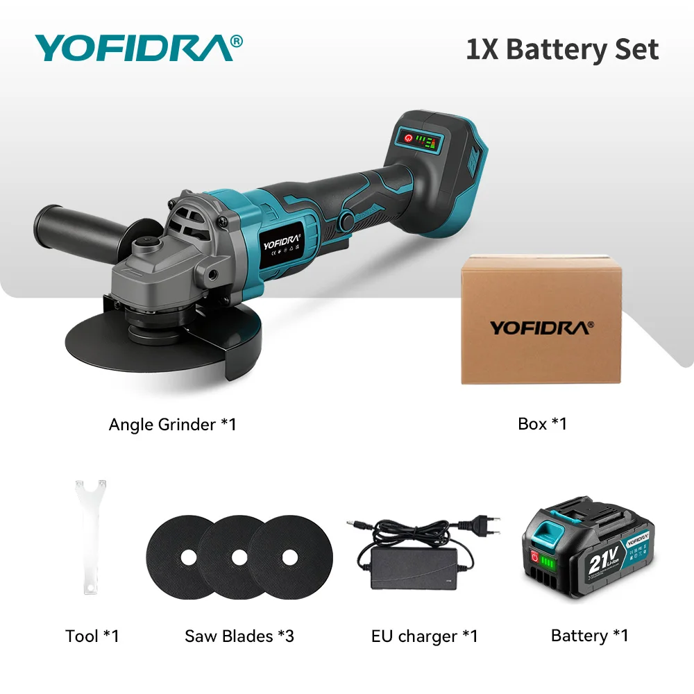 YOFIDRA 125 mm bürstenloser Winkelschleifer, 3 Gänge, kabellose Schleifmaschine, Schneiden, Holzbearbeitung, Elektrowerkzeug für Makita-Akku-Pin