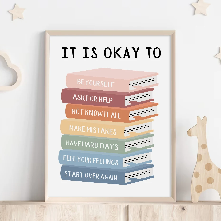 Boho It Is OK to Feel Books Educational Poster Wall Art Canvas Painting Print Picture Children Kids Room Classroom Decoration