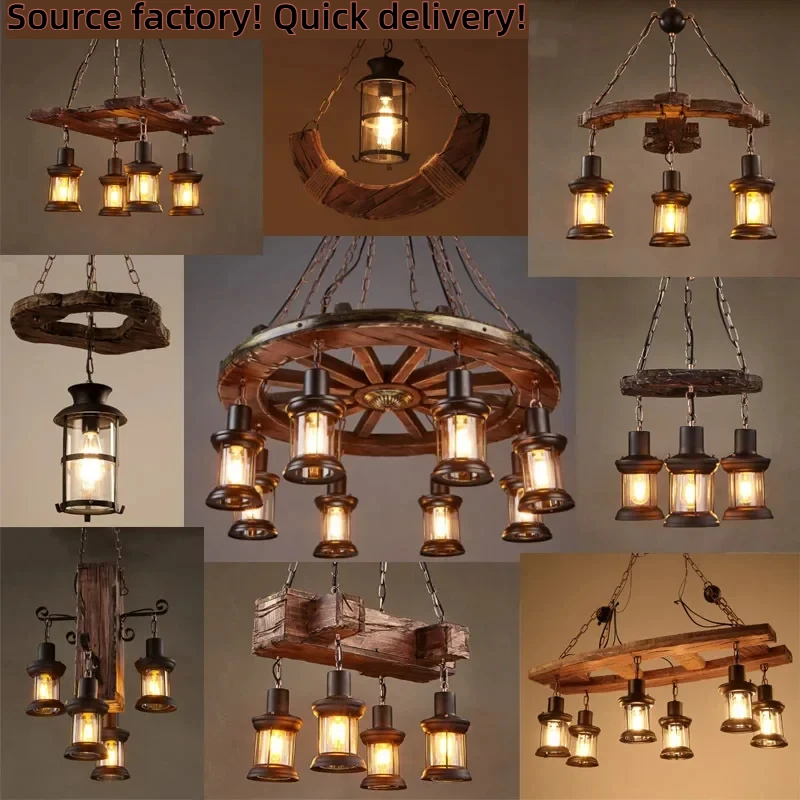 

American Retro Industrial Style Chandelier Glass Solid Wood Iron Restaurant Bar Coffee Shop Boat Wood Decoration Pendent Lamp